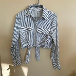 Zara Blue and White Striped Button-Down Cropped Shirt with Tie Front